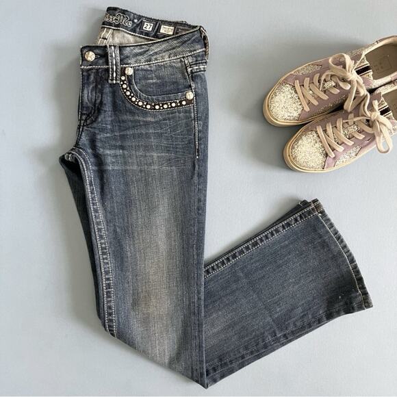 Miss Me Bootcut Embellished Dark Wash Flap Pocket Denim Jeans - Picture 1 of 6